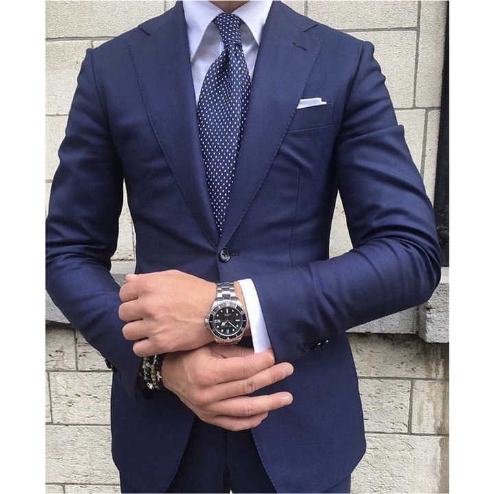 Latest Fashion Navy Blue Men's Suits 2 Pieces Skinny Formal Business Blazer Tuxedos Notched Lapel for Wedding (Jacket+Pants)
